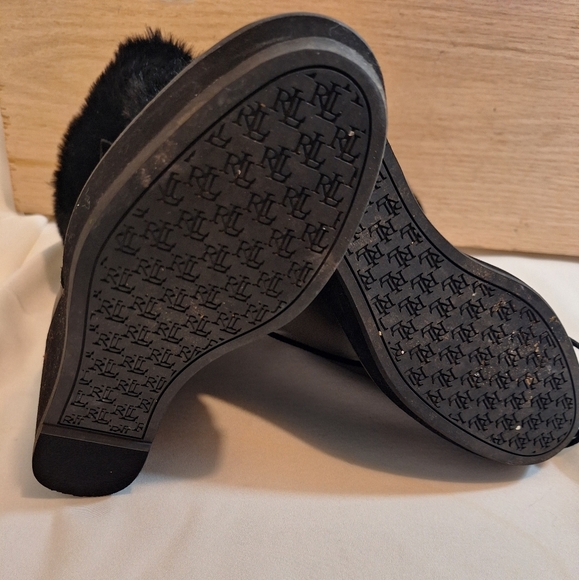 Ralph Lauren Black Leather Faux Fur Lined Wedge Ankle Boots Women's Size 6.5B - Picture 2 of 13